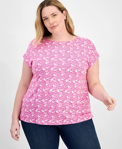 Style & Co Plus Printed Mixed-Media Relaxed Top, Exclusively at Macy's