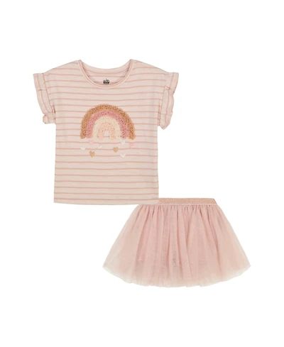 Kids Headquarters Toddler and Little Girls 2-Piece Ruffle Sleeve Striped Rainbow Top and Gold Speckle Tulle Skort Set