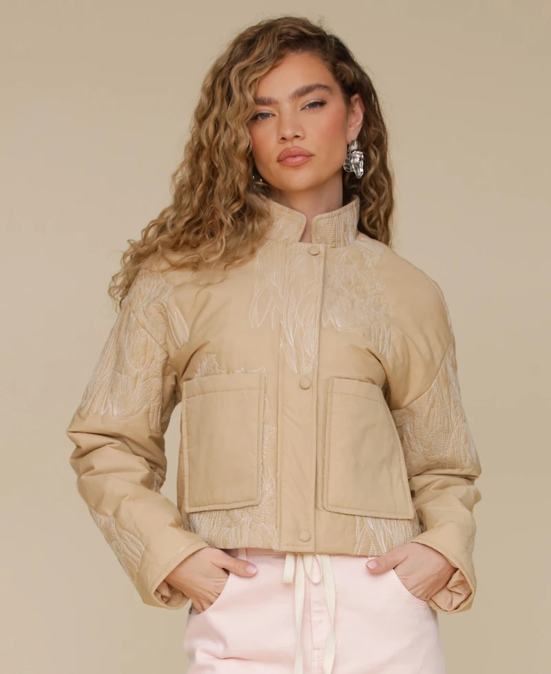 Avec Les Filles Women's Cotton Embroidered Cropped Jacket
