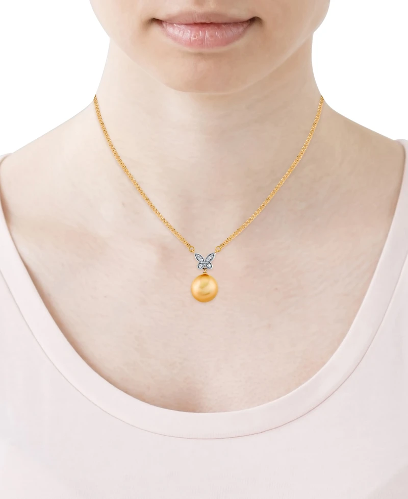 Baroque Cultured Golden South Sea Pearl (11mm) & Diamond Accent Butterfly 16" Pendant Necklace in 14k Yellow Gold