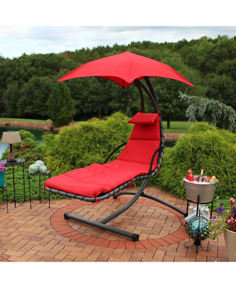 Outdoor Hanging Chaise Floating Lounge Chair with Canopy Umbrella and Arc Stand