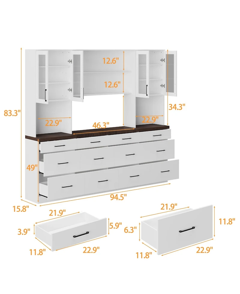 Famapy Grey Kitchen Cabinet with Glass Doors with 12 Drawers, Pantry Storage Cabinet with Shelves