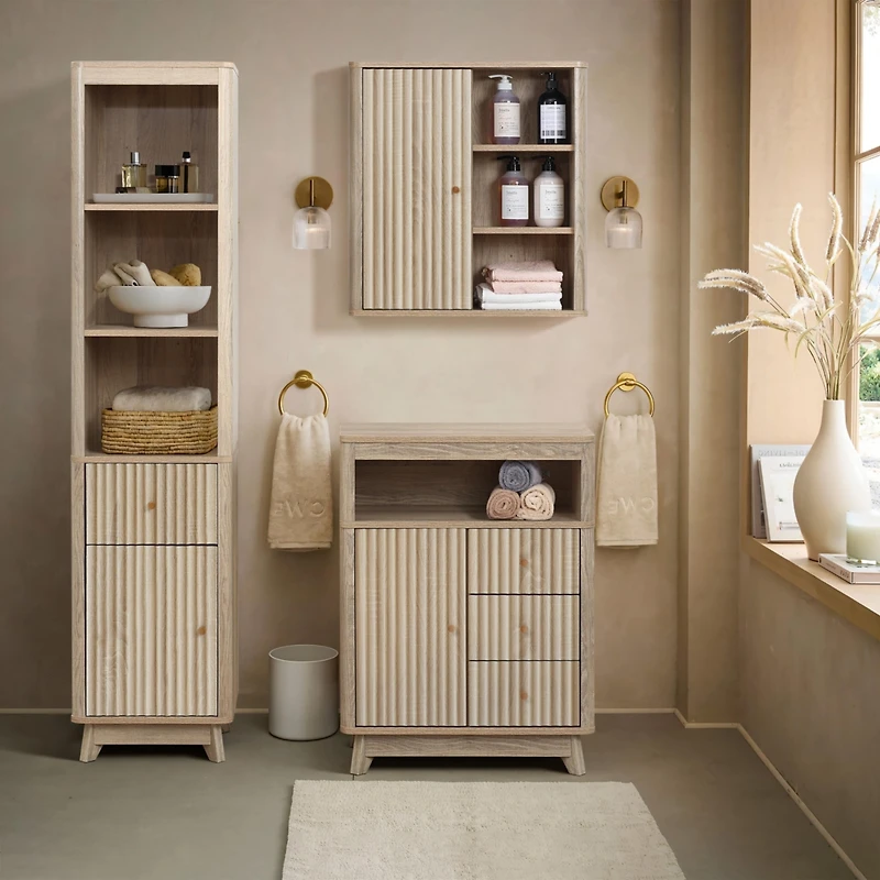 LuxenHome Natural Finish Wave-Patterned Manufactured Wood 1-Door Bathroom Wall Cabinet