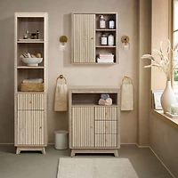 LuxenHome Natural Finish Wave-Patterned Manufactured Wood 1-Door Bathroom Wall Cabinet