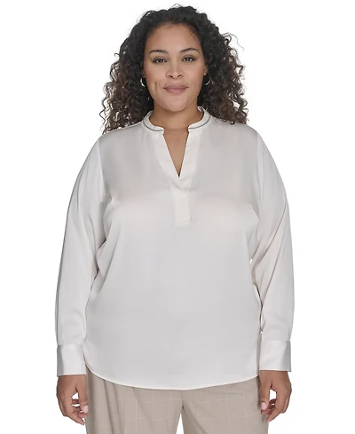 Calvin Klein Plus Solid Charmeuse Split-Neck Blouse