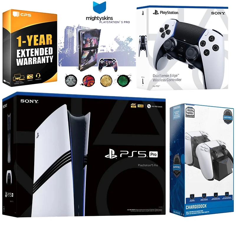 Sony PlayStation 5 Pro with Extra Edge Controller, Dual Charging Dock and MightySkins Decal Voucher Plus 1 Year Cps Extended Warranty