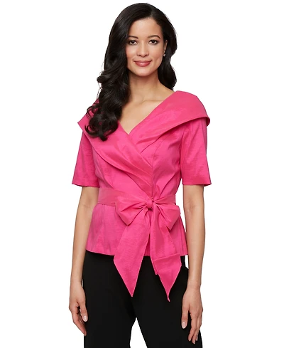 Alex Evenings Women's Elbow-Sleeve Stretch Tie-Waist Collared Taffeta Blouse