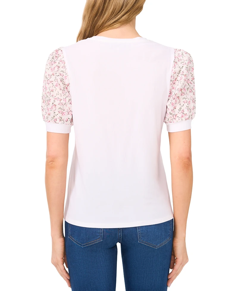 CeCe Women's Puff-Sleeve Mixed-Media Top