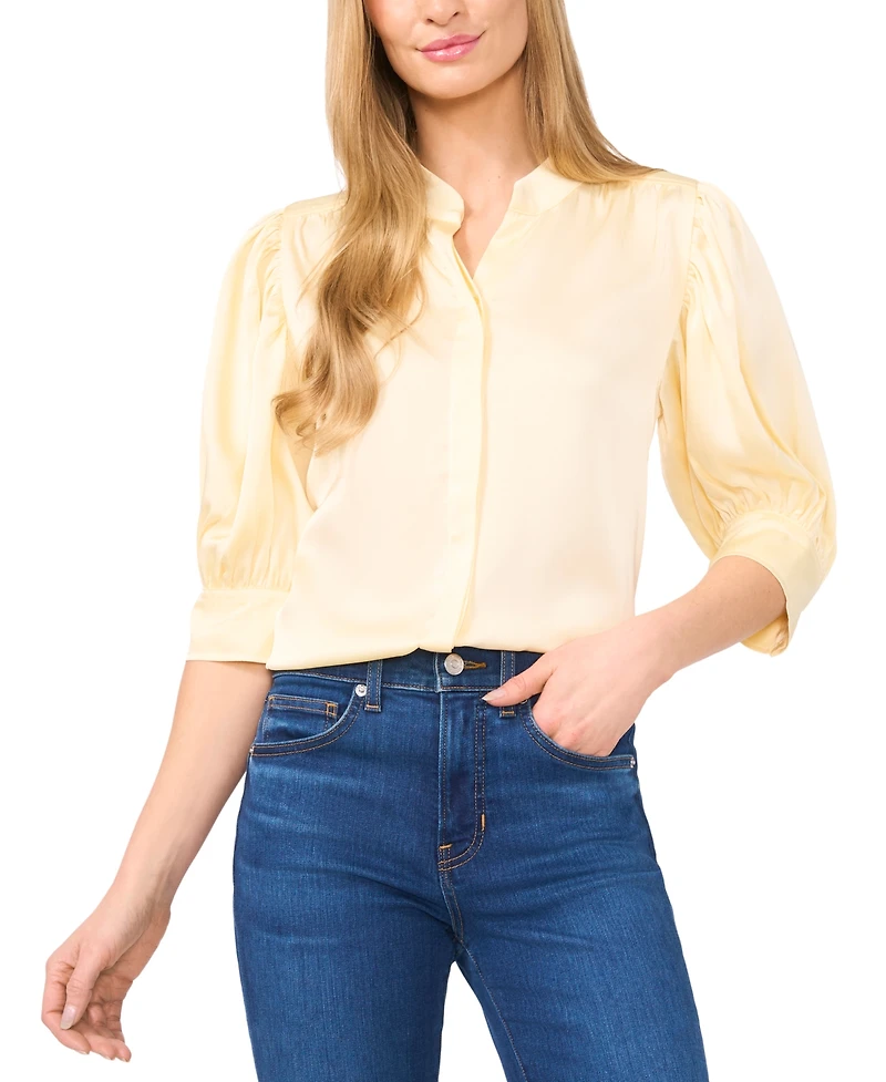 CeCe Women's Gathered 3/4-Sleeve Satin Blouse