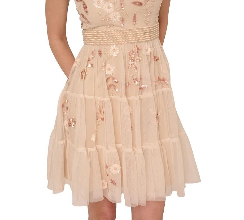 Adrianna Papell Women's V-Neck Beaded Mesh Minidress