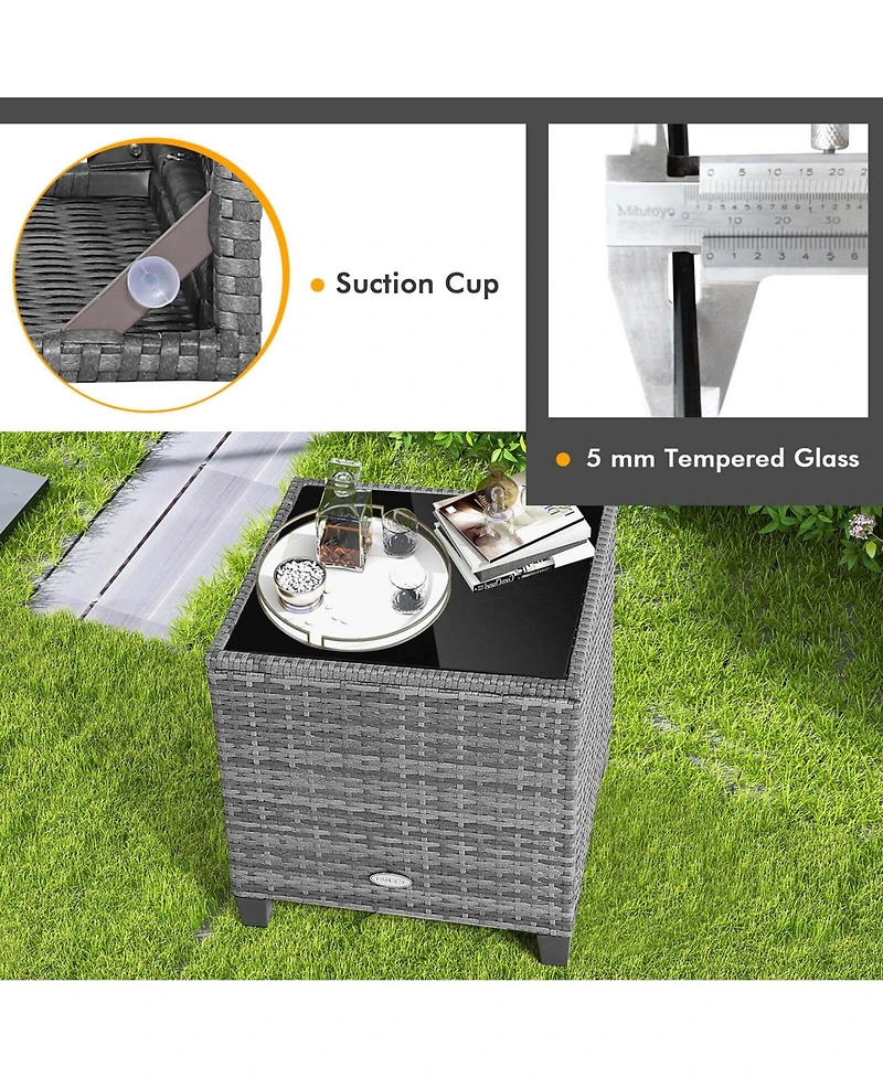 3PCS Patio Rattan Furniture Bistro Set Cushioned Sofas Side Table Armrest