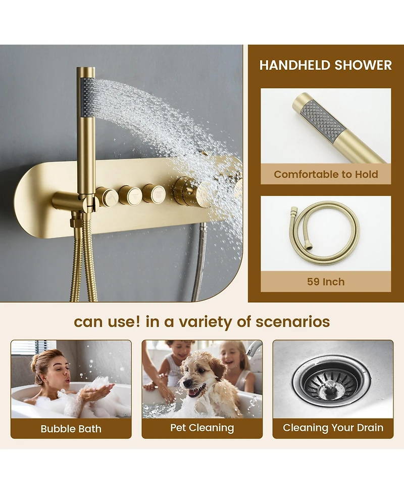 Casainc Two Functions 16 Inch Wall Mounted Thermostatic Shower System with Handheld