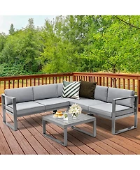 Gymax 4 Piece Aluminum Patio Furniture Set Outdoor Conversation Set w/ Coffee Table & Cushions