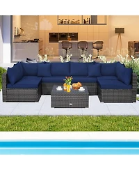 7PCS Patio Rattan Furniture Set Sectional Sofa Cushioned Garden