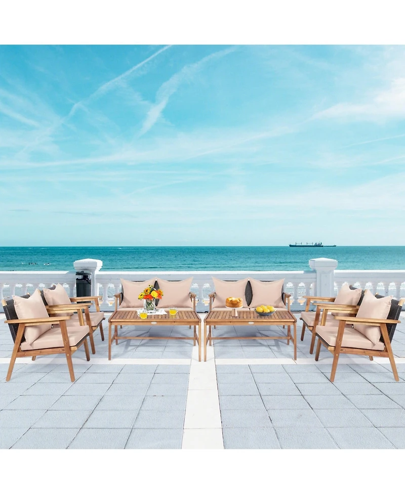 Gymax 8 Piece Patio Conversation Set Outdoor Furniture Set w/ Cushion & Wood Frame