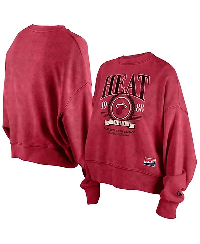 New Era Women's Red Miami Heat Hardwood Classics Enzyme Wash Oversized Boxy Pullover Sweatshirt