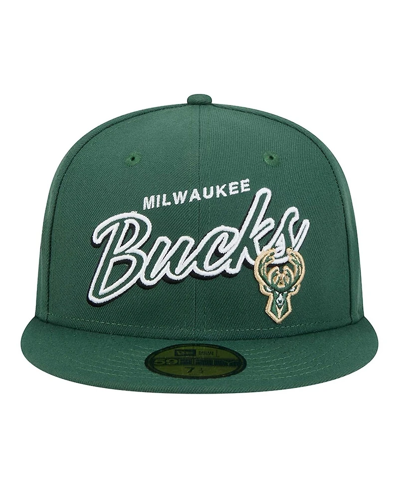 New Era Men's Hunter Green Milwaukee Bucks Sport Night Script Sided 59FIFTY Fitted Hat
