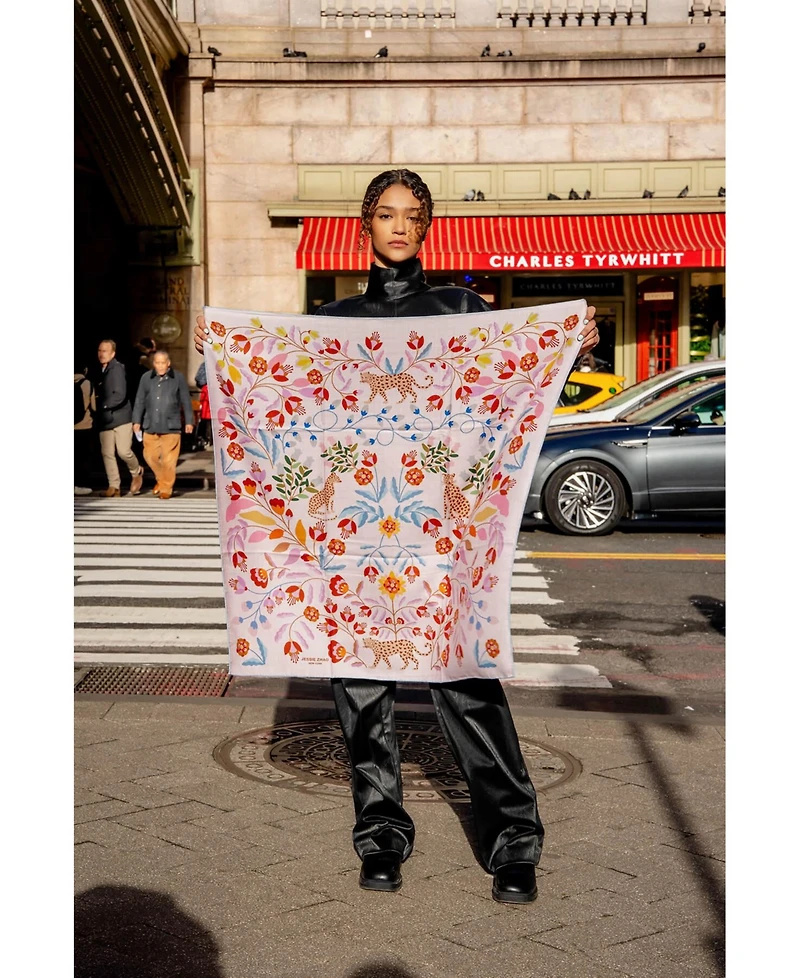 Jessie Zhao New York Double Sided Wool Silk Scarf Of Pink Blossom Jungle