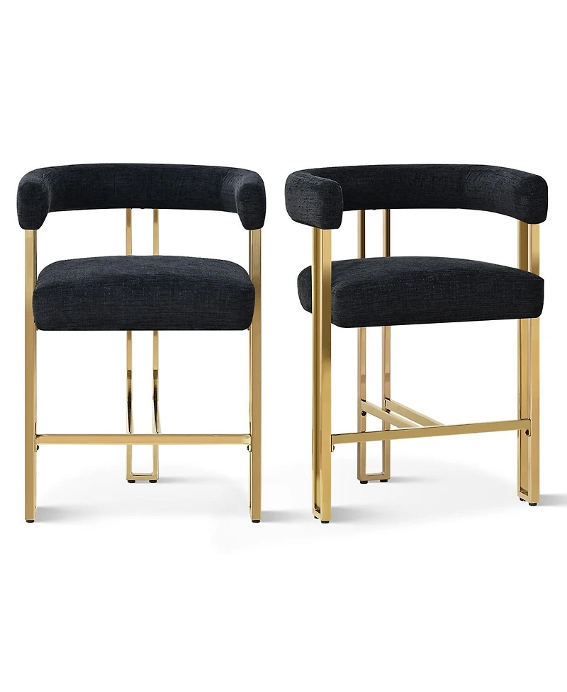 Set of 2 Counter Height Bar Stools, 25" Upholstered Chairs with Gold Metal Legs, Curved Back & Armrests-Maison Boucle