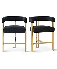 Set of 2 Counter Height Bar Stools, 25" Upholstered Chairs with Gold Metal Legs, Curved Back & Armrests-Maison Boucle