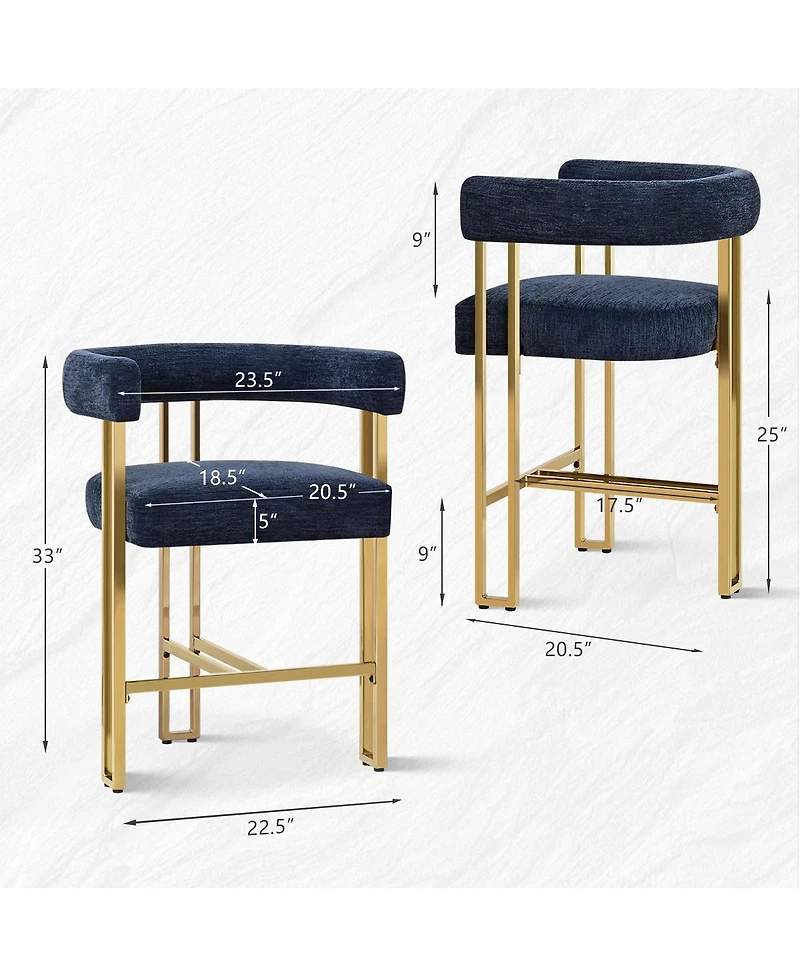 Set of 2 Counter Height Stools, 25" Upholstered Chairs with Gold Metal Legs, Curved Back & Armrests-Maison Boucle