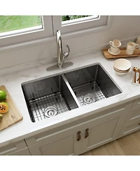 31-Inch Brushed Stainless Steel Sink Under The Table 9-Inch Deep 50/50 Double Grooves With Drain Grid And Drainer