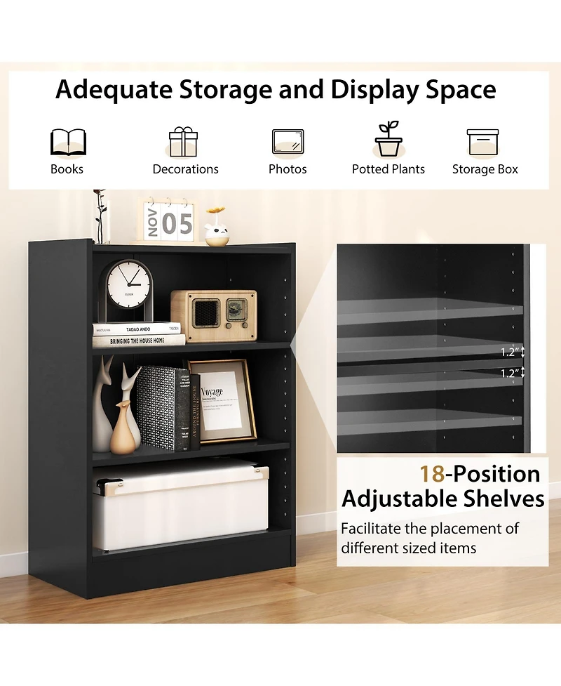 3-Tier Bookcase Open Display Rack Cabinet with Adjustable Shelves