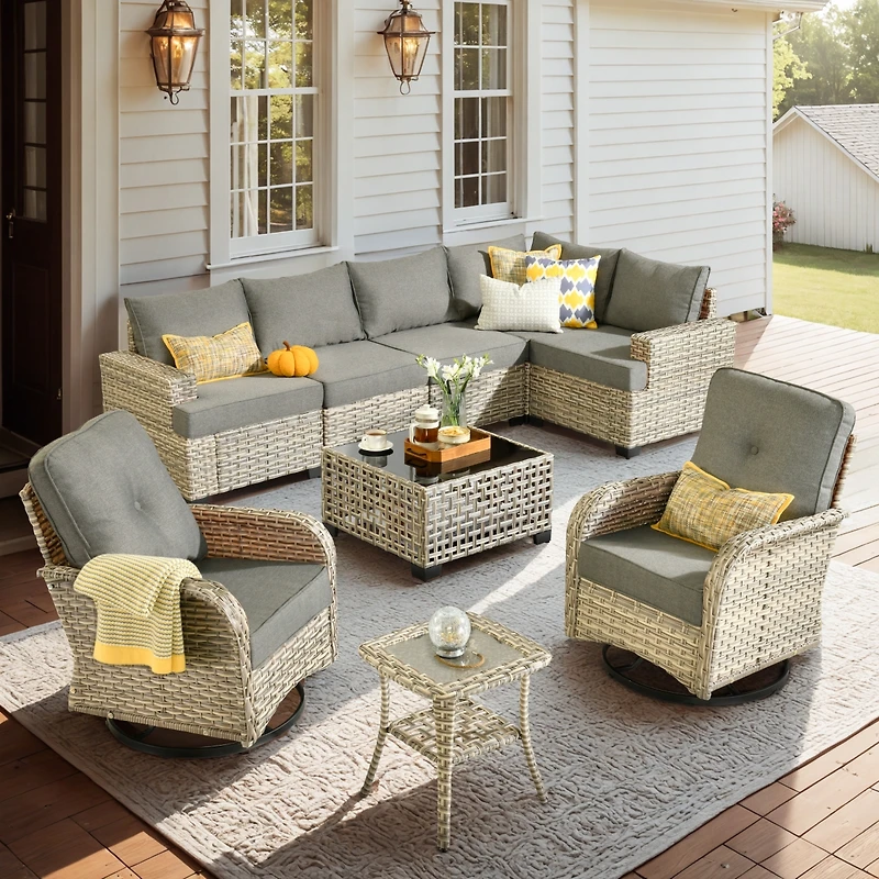 Xizzi 9 Pieces Outdoor Patio Furniture Set,Rattan Sectional Sofa Couch,Outside Coversation Set with Extra Deep Swivel Chairs and Solar Coffee Table fo