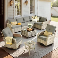 Xizzi 9 Pieces Outdoor Patio Furniture Set,Rattan Sectional Sofa Couch,Outside Coversation Set with Extra Deep Swivel Chairs and Solar Coffee Table fo