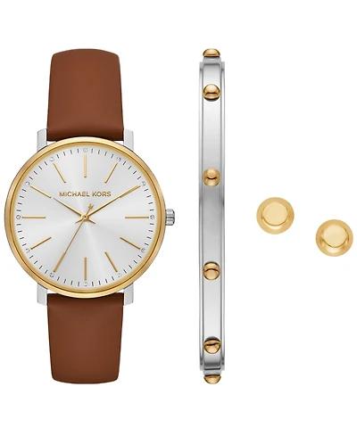 Michael Kors Women's Pyper Three-Hand Luggage Leather Watch and Jewelry Set, 38mm