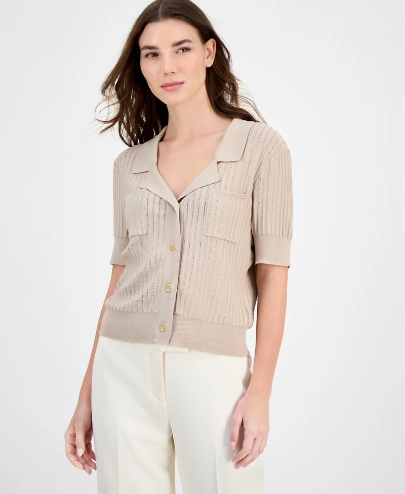 Tahari Asl Stripe-Textured Knit Button-Front Top