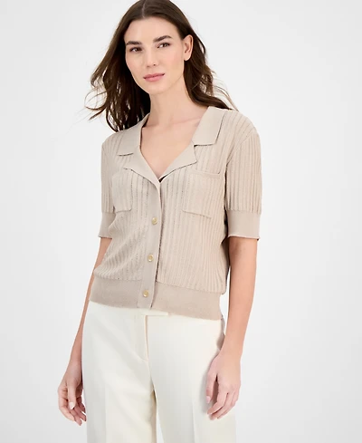 Tahari Asl Stripe-Textured Knit Button-Front Top