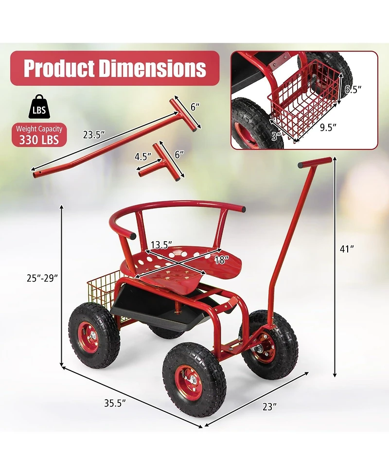 Rolling Garden Cart with Height Adjustable Swivel Seat and Storage Basket
