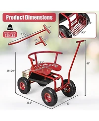 Rolling Garden Cart with Height Adjustable Swivel Seat and Storage Basket