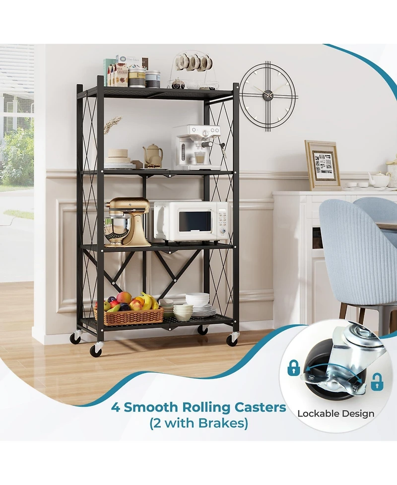 4-Tier Foldable Storage Shelf Collapsible Storage Rack with Lockable Wheels