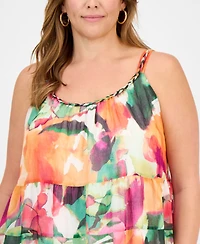 Robbie Bee Plus Size Printed Sleeveless Tiered Midi Dress