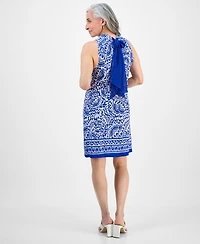 Robbie Bee Petite Tie-Back Mock Neck Printed Shift Dress