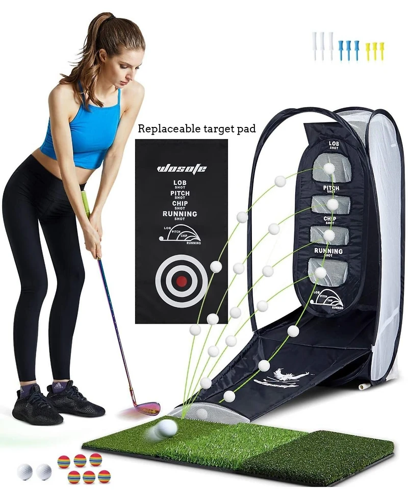 Wosofe Golf Practice Hitting Net Indoor Backyard Home Chipping 2 Target Ball Swing Training Aids Golfing Accuracy with Tri-Turf Mat and Carry Bag Grea