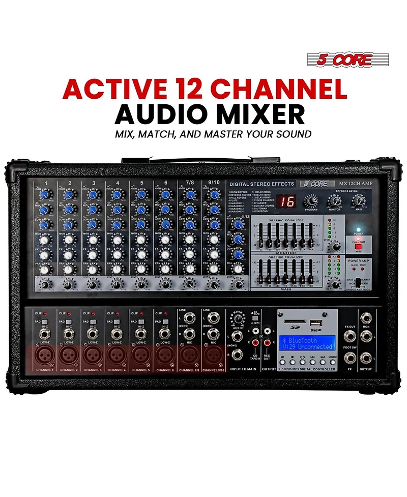 5 Core Audio Mixer 4800W Powered 12 Channel 240V Mixer System Usb MP3 Bluetooth Sd readers Digital Lcd Display