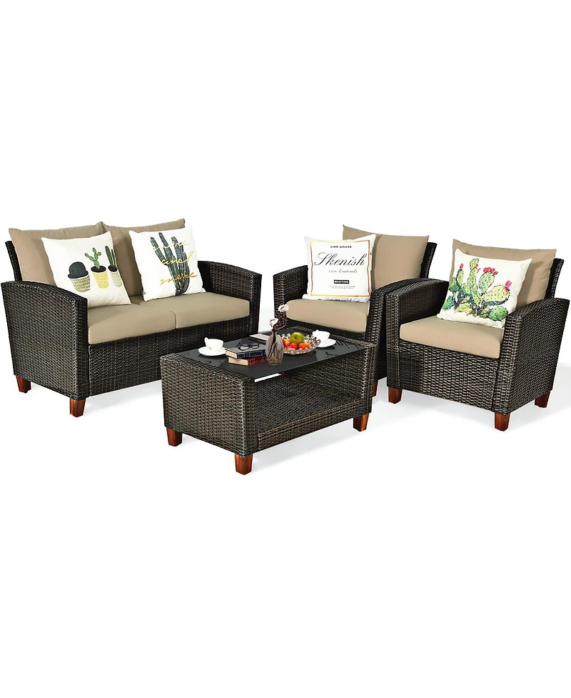 8PCS Patio Rattan Furniture Set Solid Wood Leg Cushioned Sofa Garden Lawn