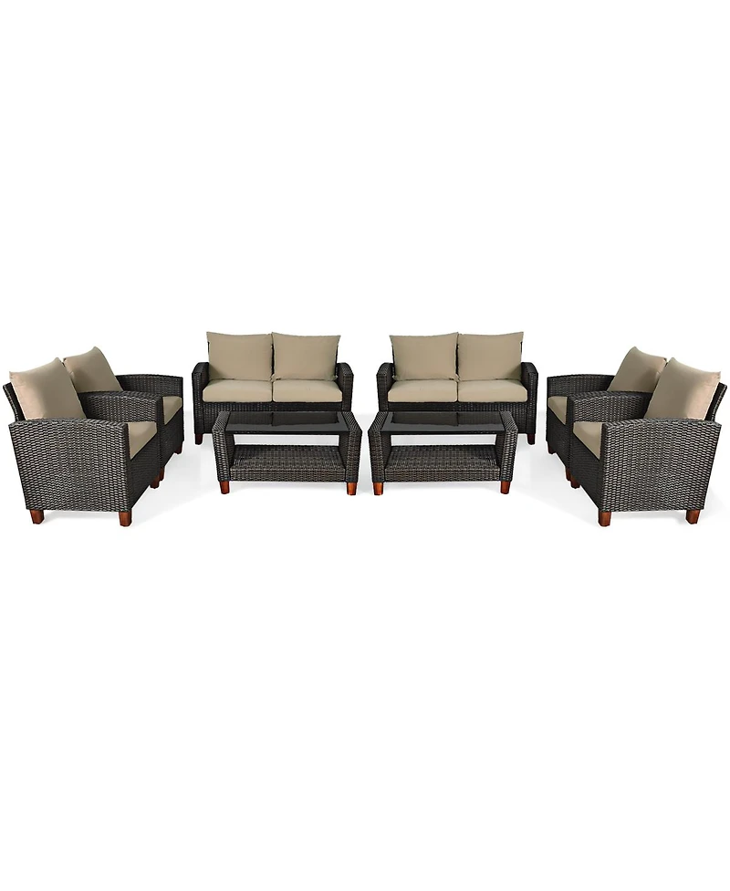 8PCS Patio Rattan Furniture Set Solid Wood Leg Cushioned Sofa Garden Lawn