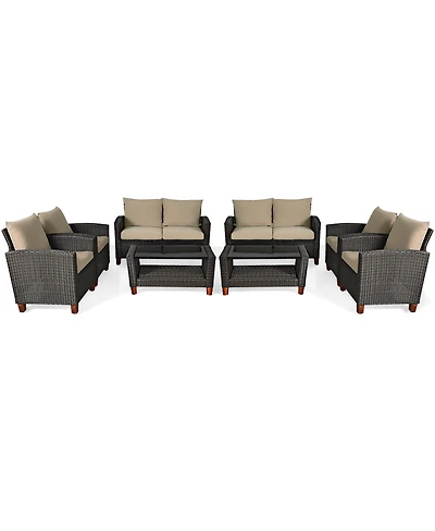 8PCS Patio Rattan Furniture Set Solid Wood Leg Cushioned Sofa Garden Lawn