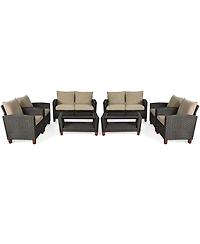8PCS Patio Rattan Furniture Set Solid Wood Leg Cushioned Sofa Garden Lawn