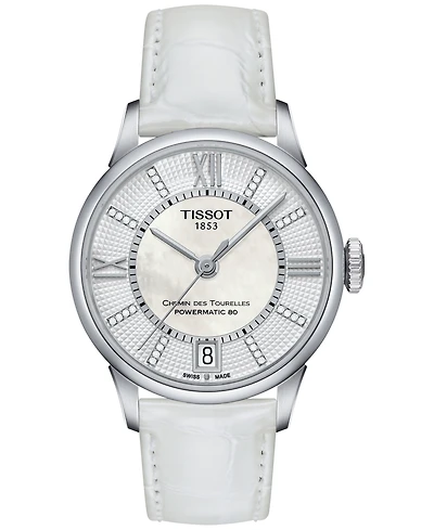Tissot Women's Swiss Automatic Chemin Des Tourelles Diamond Accent White Leather Strap Watch 32mm T0992071611600