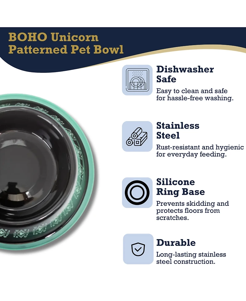 Non-Skid Boho Stainless Steel Dog Bowl – with Whimsical Unicorn Design, Silicone Base for Medium Dogs – Black/24oz