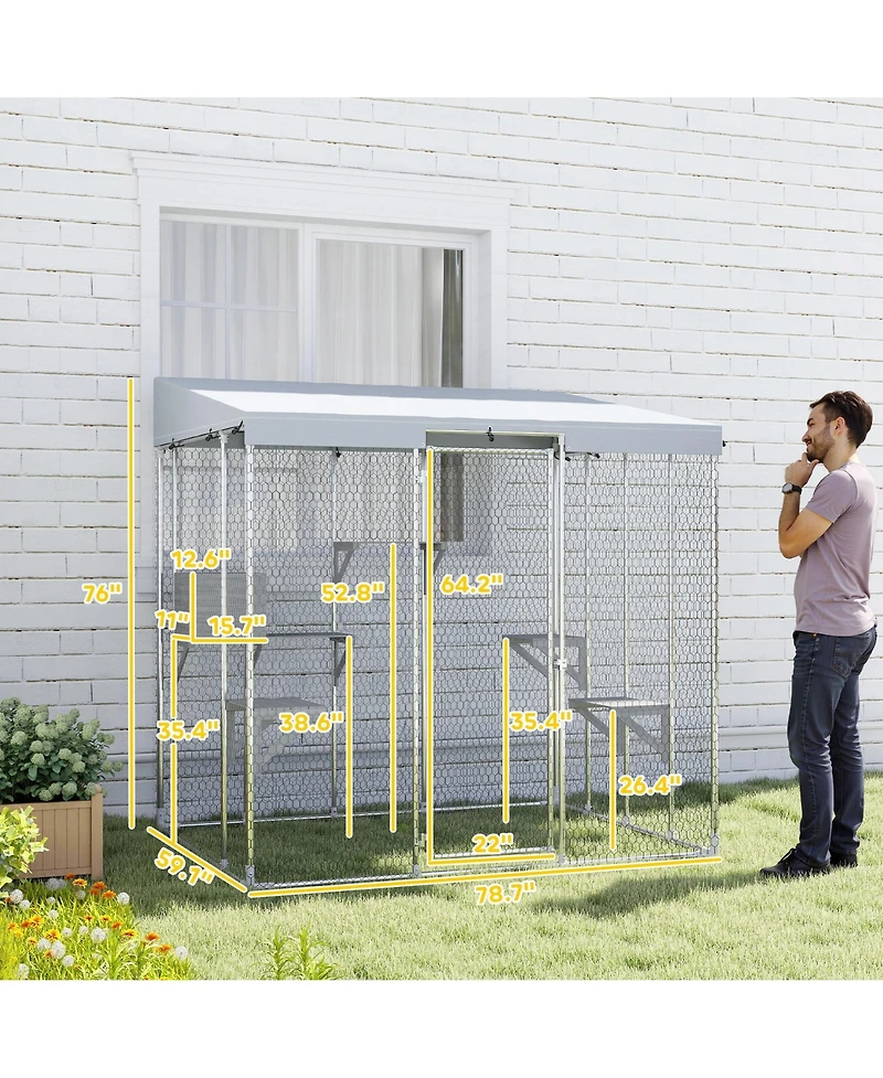 PawHut 79" Large Catio, Galvanized Steel Outdoor Cat Enclosure with Canopy