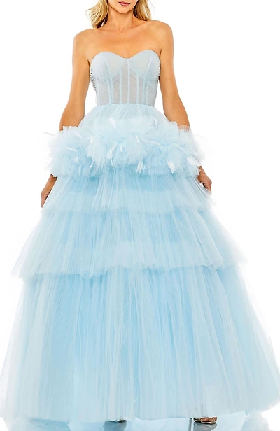 Mac Duggal Women's Strapless Tulle Gown with Feather Detail