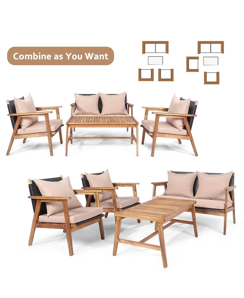 Gymax 8 Piece Patio Conversation Set Outdoor Furniture Set w/ Cushion & Wood Frame
