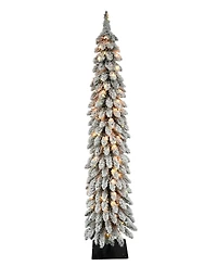 Puleo 6FT Pre-Lit Flocked Alpine Pencil Artificial Christmas Tree