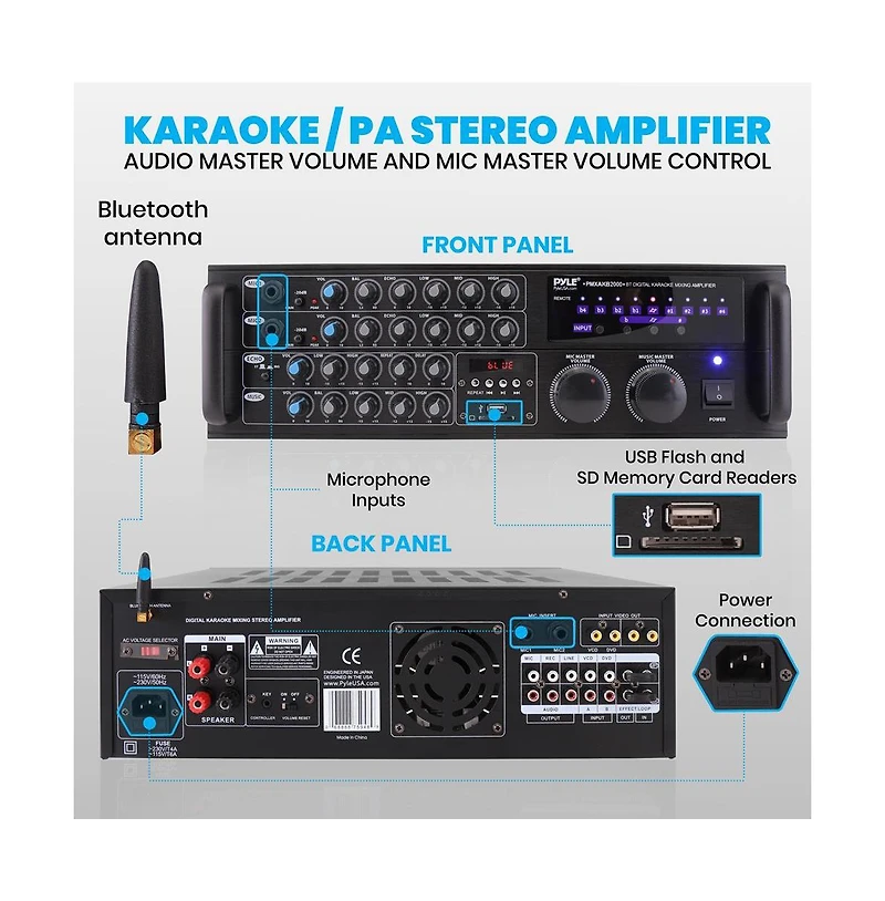 Pyle 2000W Bluetooth Stereo Mixer Karaoke Amplifier - PMXAKB2000